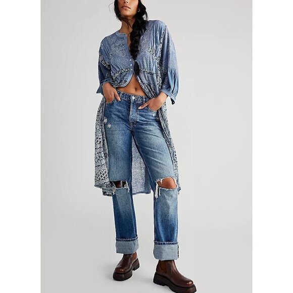 🎉FREE PEOPLE Oh My Maxi Top Cardi Dress Blouse Tunic / Indigo - Picture 1 of 10